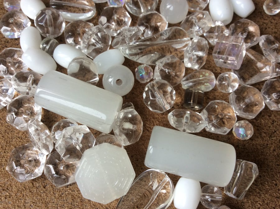 Various Glass Beads, Clear, white, opaque