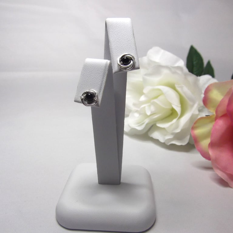 Black Agate gemstone Russian wedding ring style stud earrings recycled silver
