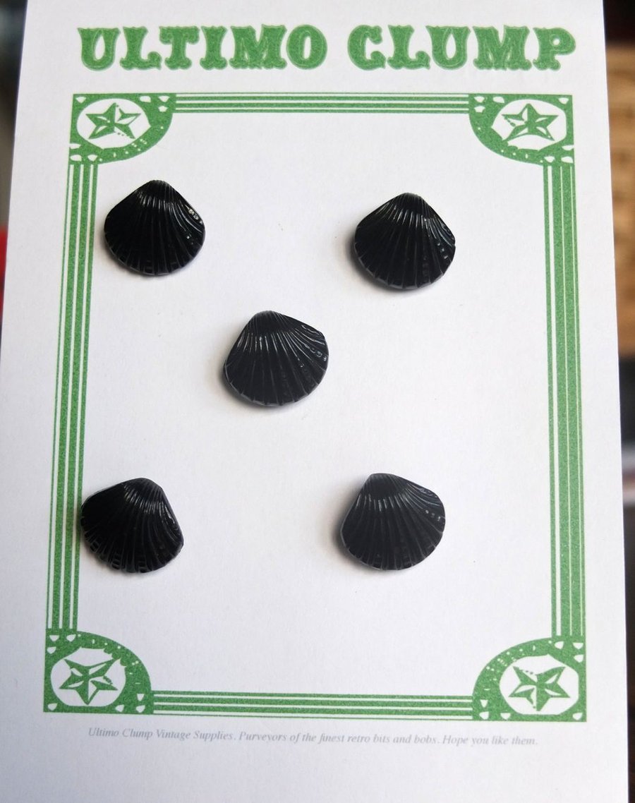 5 Vintage Black Glass Scallop Shaped Buttons
