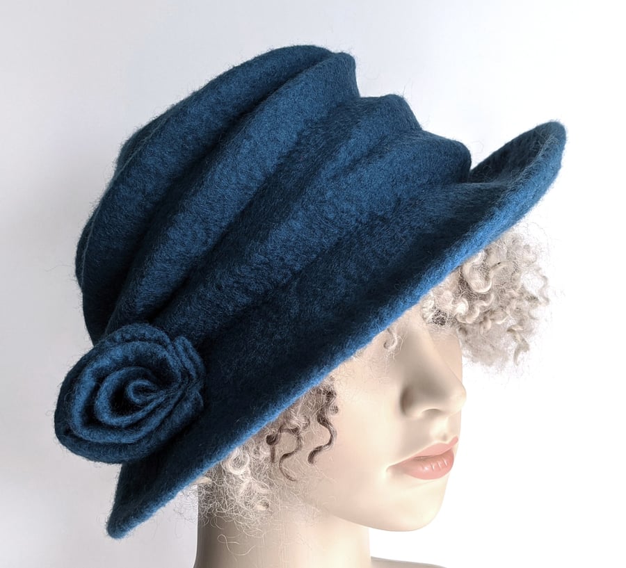 Dark teal blue felted wool hat - 'The Crush' - designed to pack flat