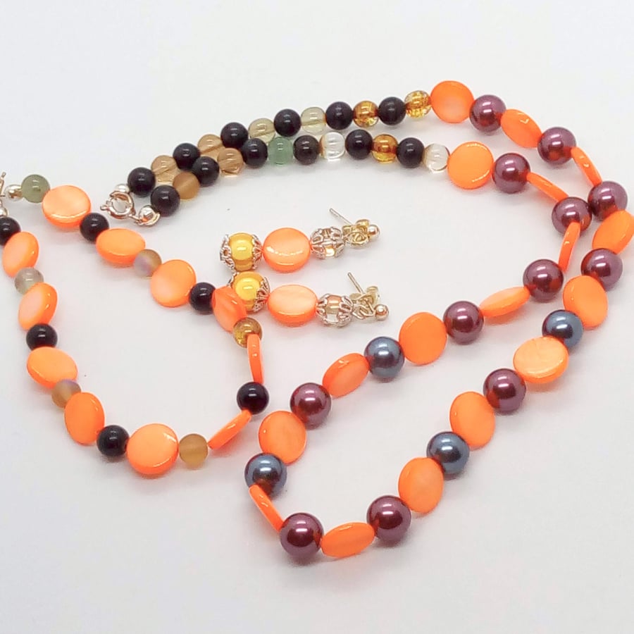 Orange Mother of Pearl Discs and Glass Bead Jewellery Set, Gift for Her