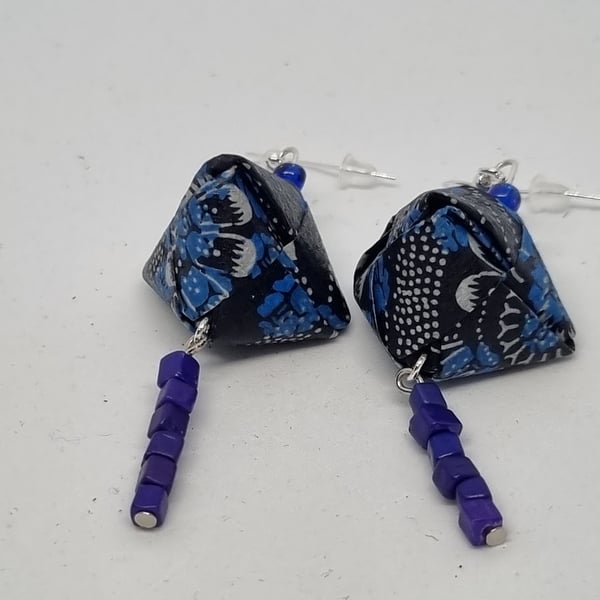 Origami earrings: Japanese Aizome Chiyogami paper and blue beads
