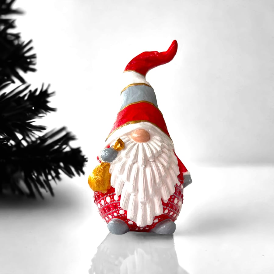 Santa Gnome Gonk Ornament with red and grey hat