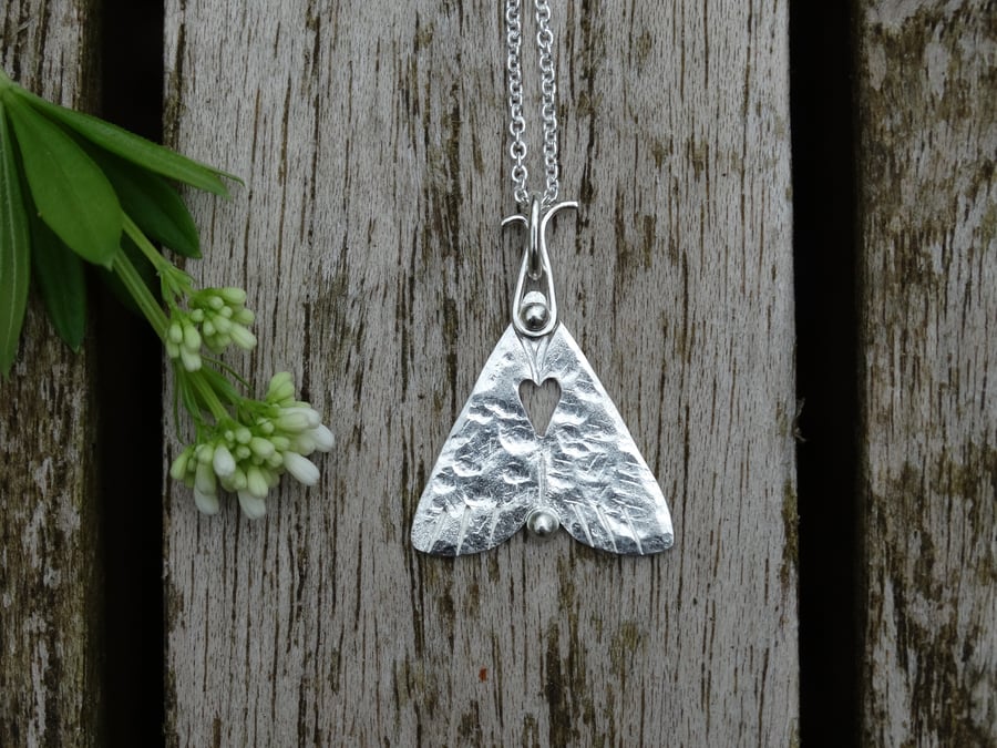 Midsummer moth recycled silver pendant with heart - Made to order