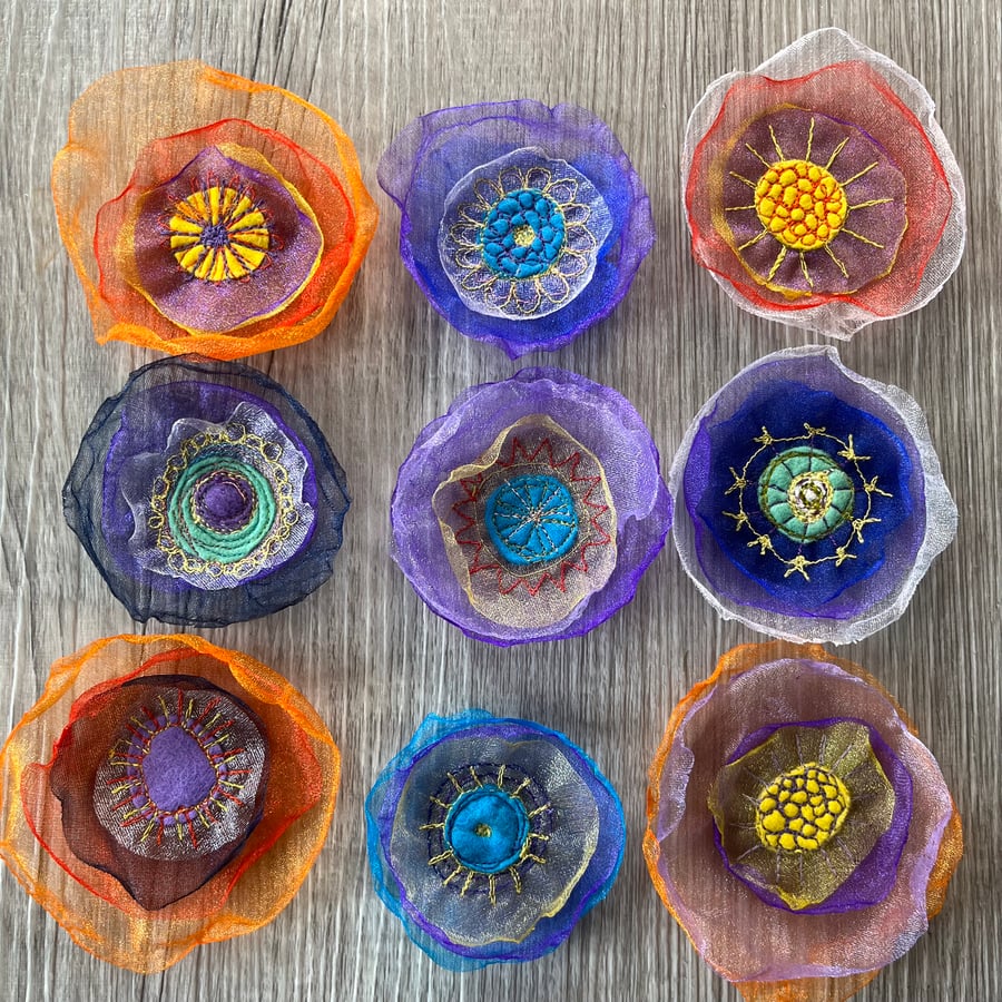 Nine Organza Embroidered Flower Embellishments 