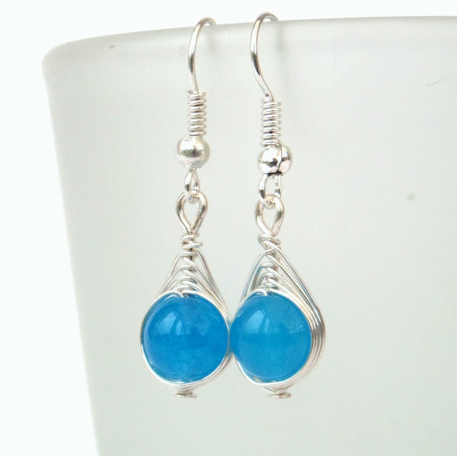 Wire wrapped blue jade earrings
