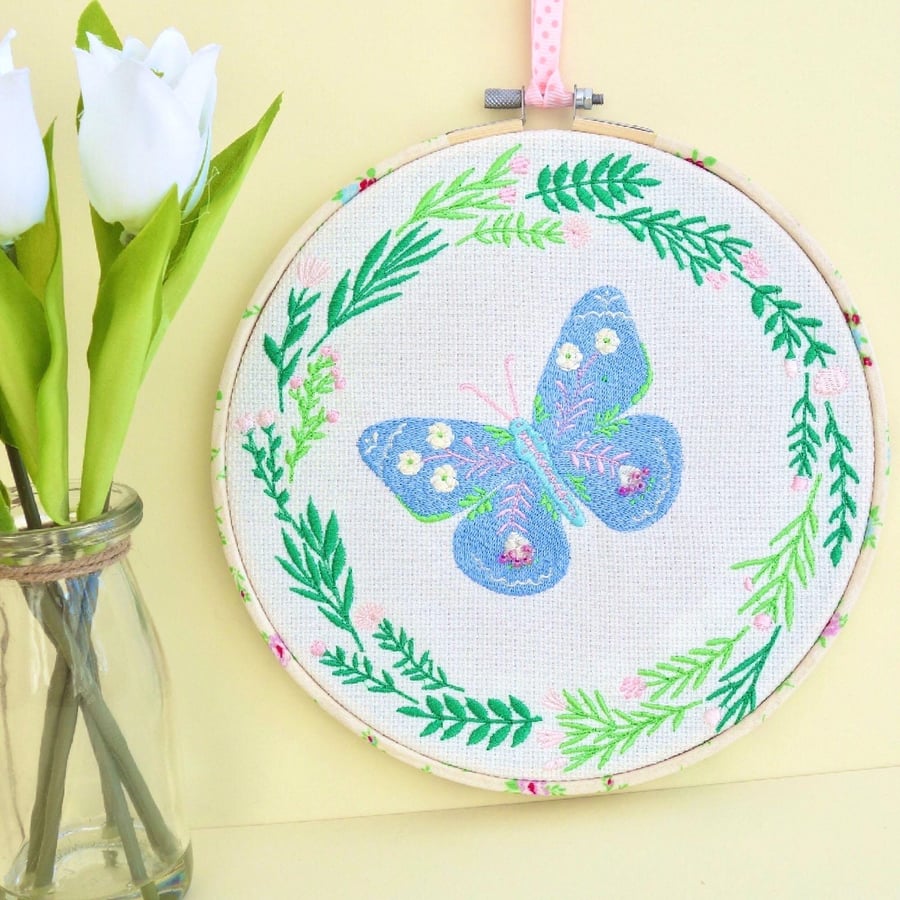 Blue Butterfly Embroidery Hooped Decoration 20cm (8”) ready to hang