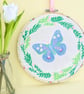 Blue Butterfly Embroidery Hooped Decoration 20cm (8”) ready to hang