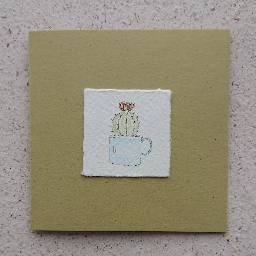 Card - hand painted - cactus - houseplant in a mug - blank inside - recycled