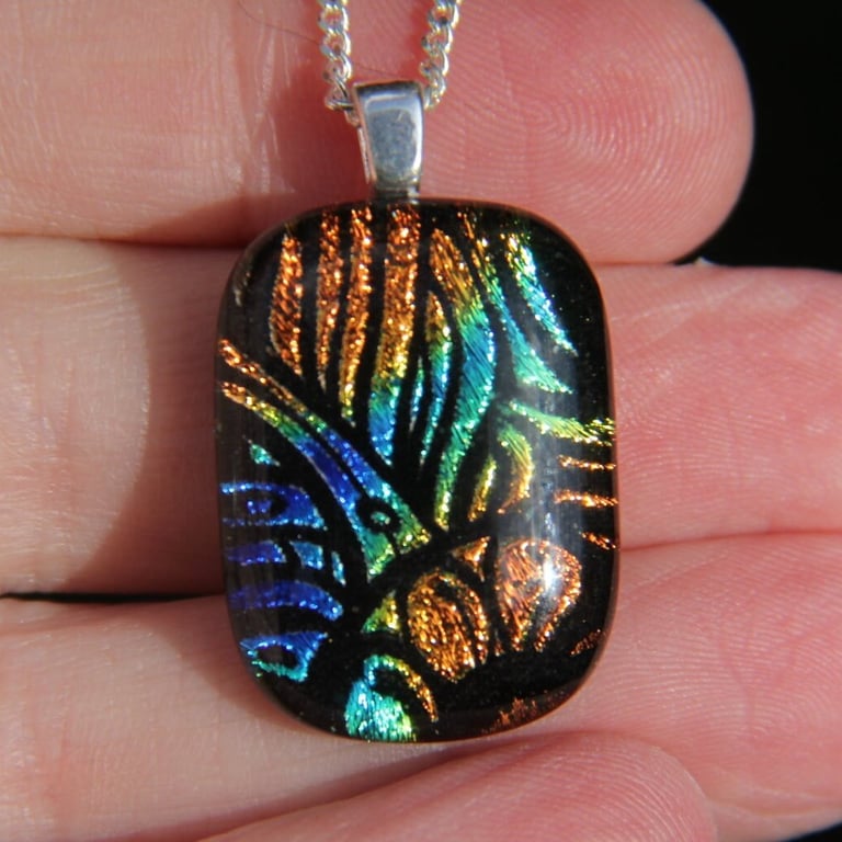 Blue, orange and green dichroic glass pendant, dichroic glass necklace,SKU F44