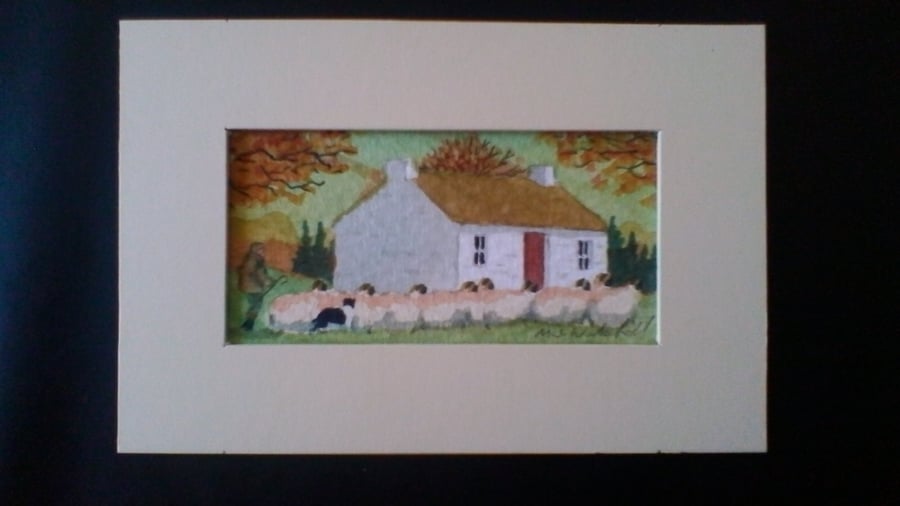 Sheep Landscape, cottage, Original Watercolour