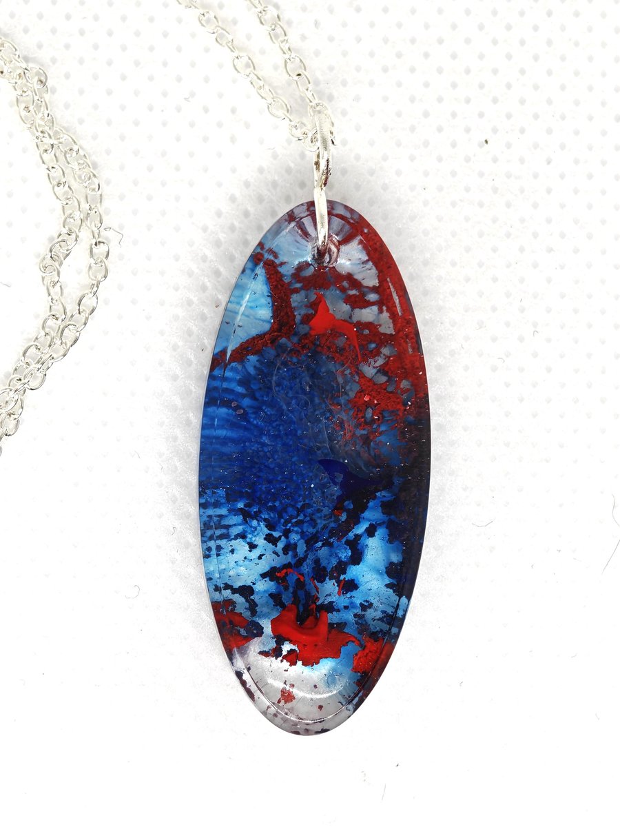 Volcanic Ocean Resin Art Necklace: Red & Blue Abstract Pendant