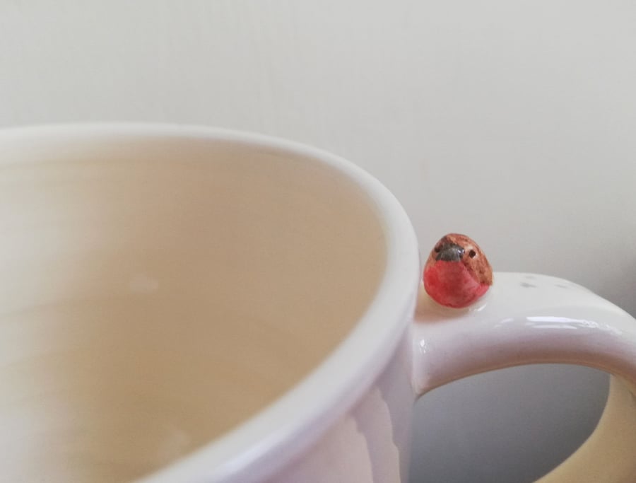 Large ceramic robin mug with tiny bird handmade gardeners gift
