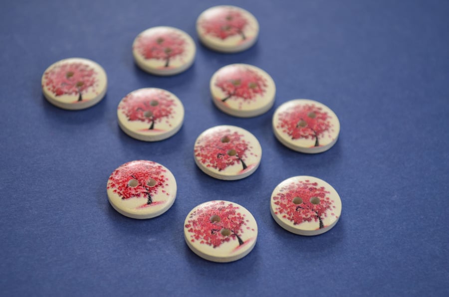 15mm Wooden Tree Blossom Buttons Red White 10pk Leaves (ST8)