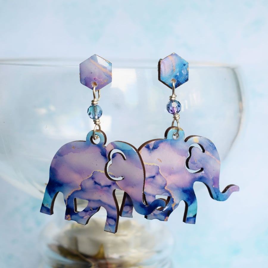 Elephant Earrings with Blue and Lilac Marbled Design