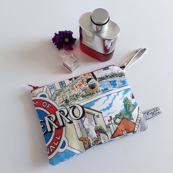 Polperro Cornwall seaside recycled  tea towel make up bag, pouch, purse or stora