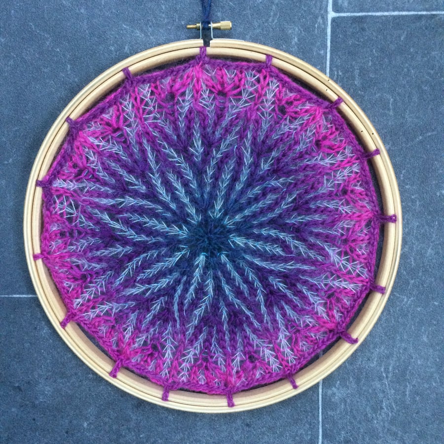 Purple Clematis hand knit wall hanging 10" mandala