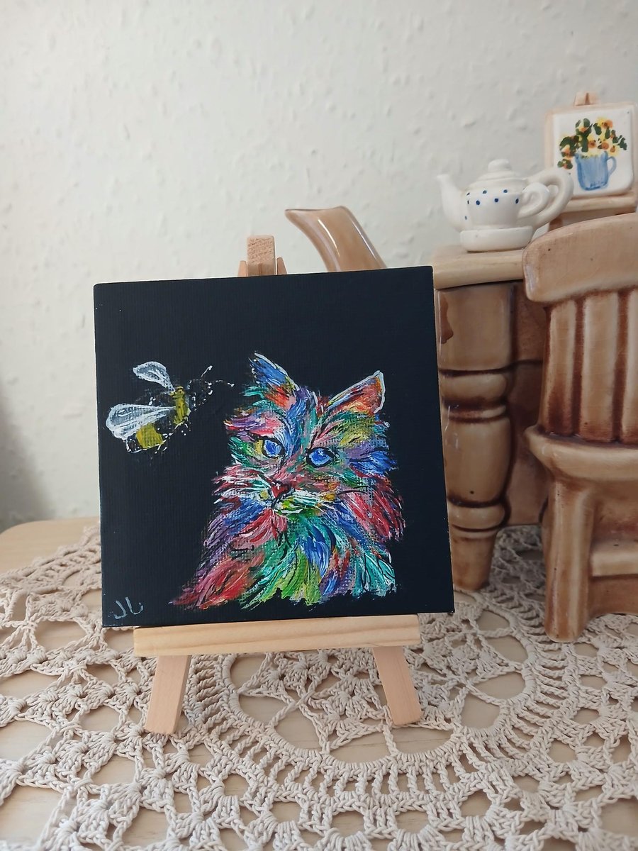 colourful Cat Original Painting, mini canvas and easel