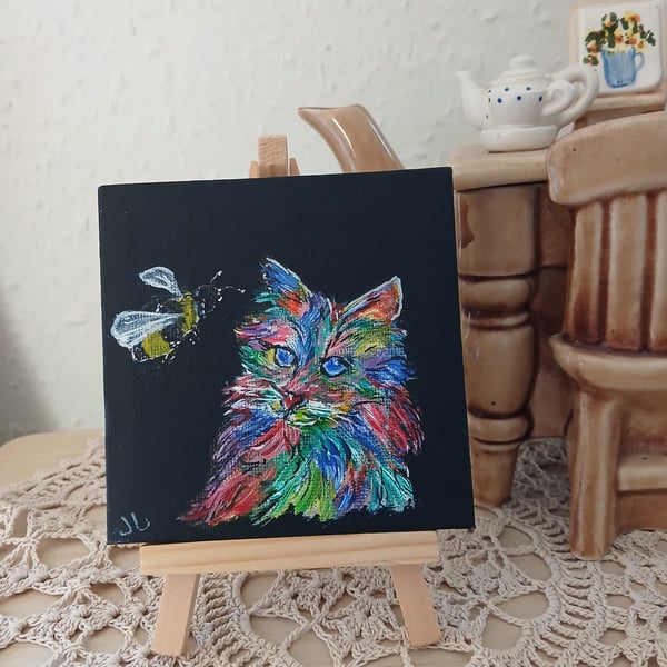 colourful Cat Original Painting, mini canvas and easel