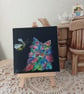 colourful Cat Original Painting, mini canvas and easel