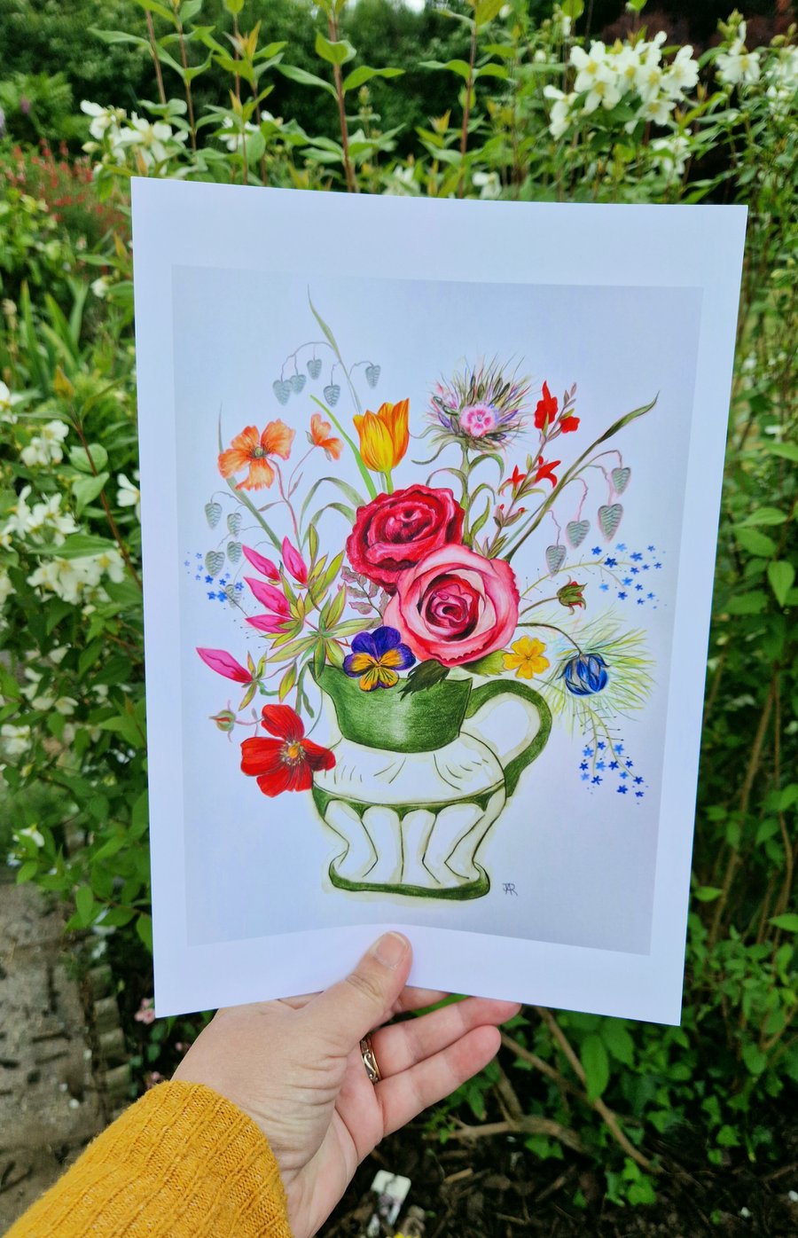 Green flower jug,  print from original artwork. A3, A4, A5 available. 
