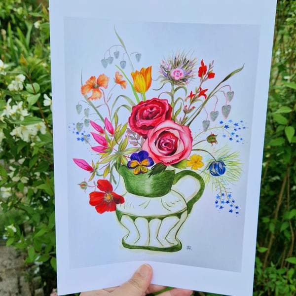 Green flower jug,  print from original artwork. A3, A4, A5 available. 