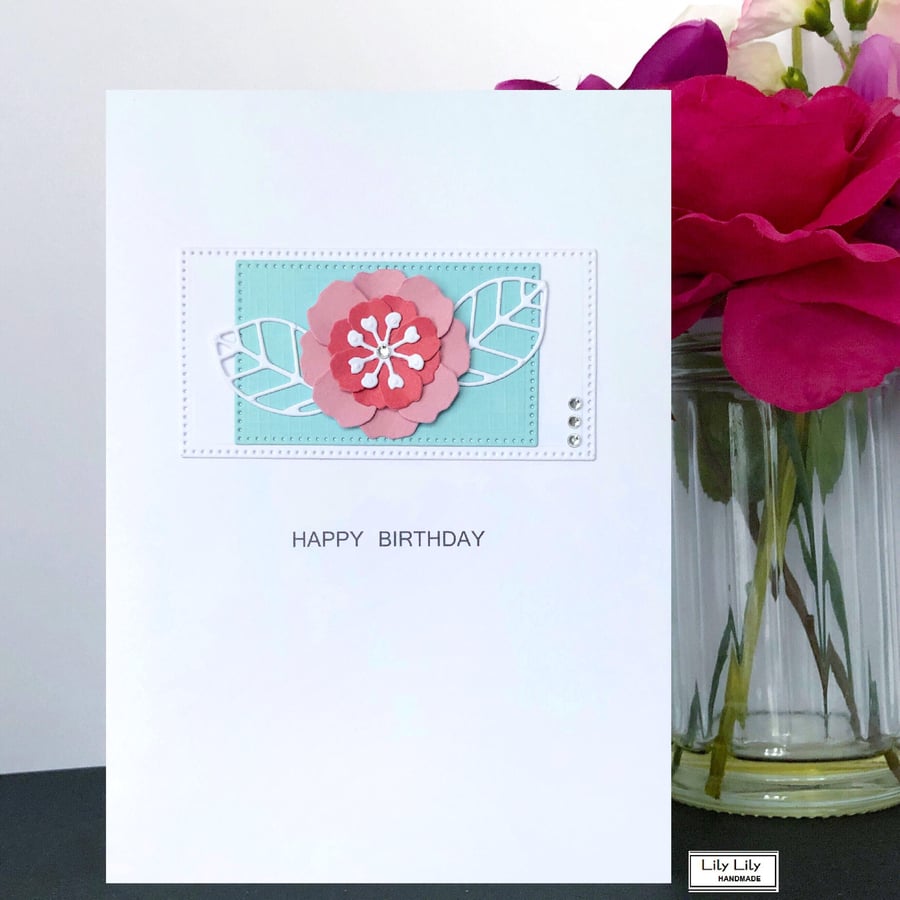 Pink and Aqua Floral design birthday card by Lily Lily Handmade 