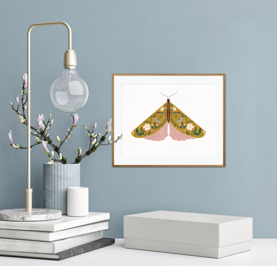Mustard Yellow Botanical Floral Moth Illustrated Art Print