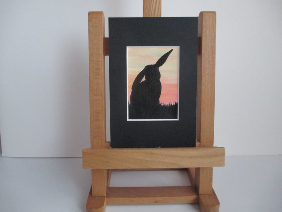 ACEO painting Bunny Rabbit Silhouette original art in mount and ready to frame 