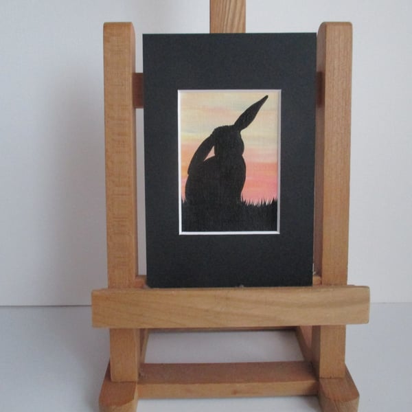 ACEO painting Bunny Rabbit Silhouette original art in mount and ready to frame 