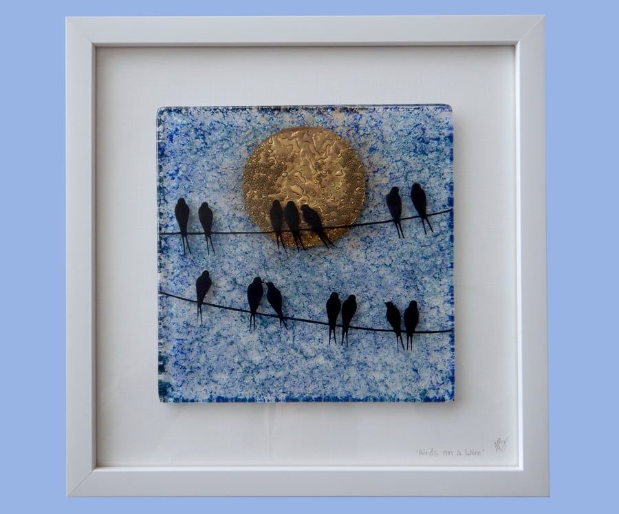 Artist made fused glass 'Birds on a Wire' Picture.