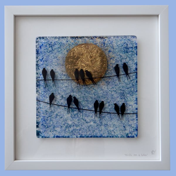 Artist made fused glass 'Birds on a Wire' Picture.