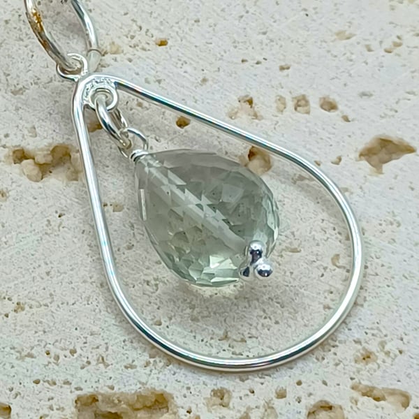 Green Amethyst and Sterling Silver Teardrop Gemstone Necklace, Green Amethyst Pe