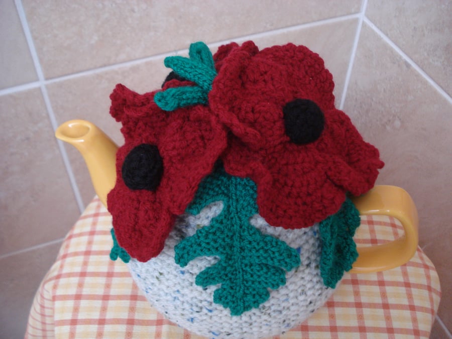 Hand Knitted And Crochet Tea Cosy With Poppies, Leaves And Stems (R639)