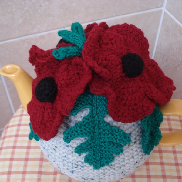 Hand Knitted And Crochet Tea Cosy With Poppies, Leaves And Stems (R639)