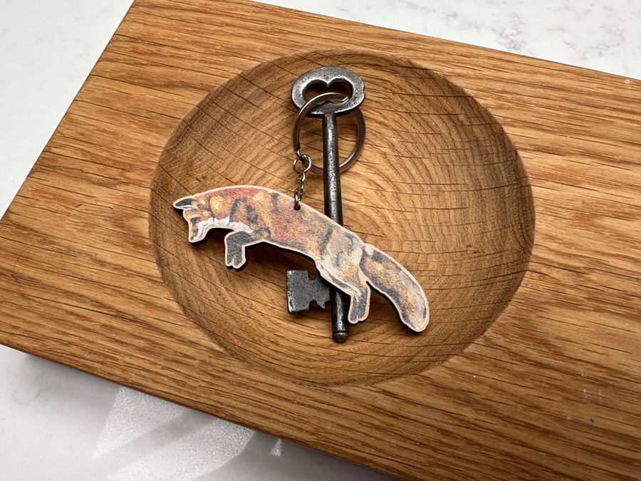 Pouncing Fox Wooden Keyring 