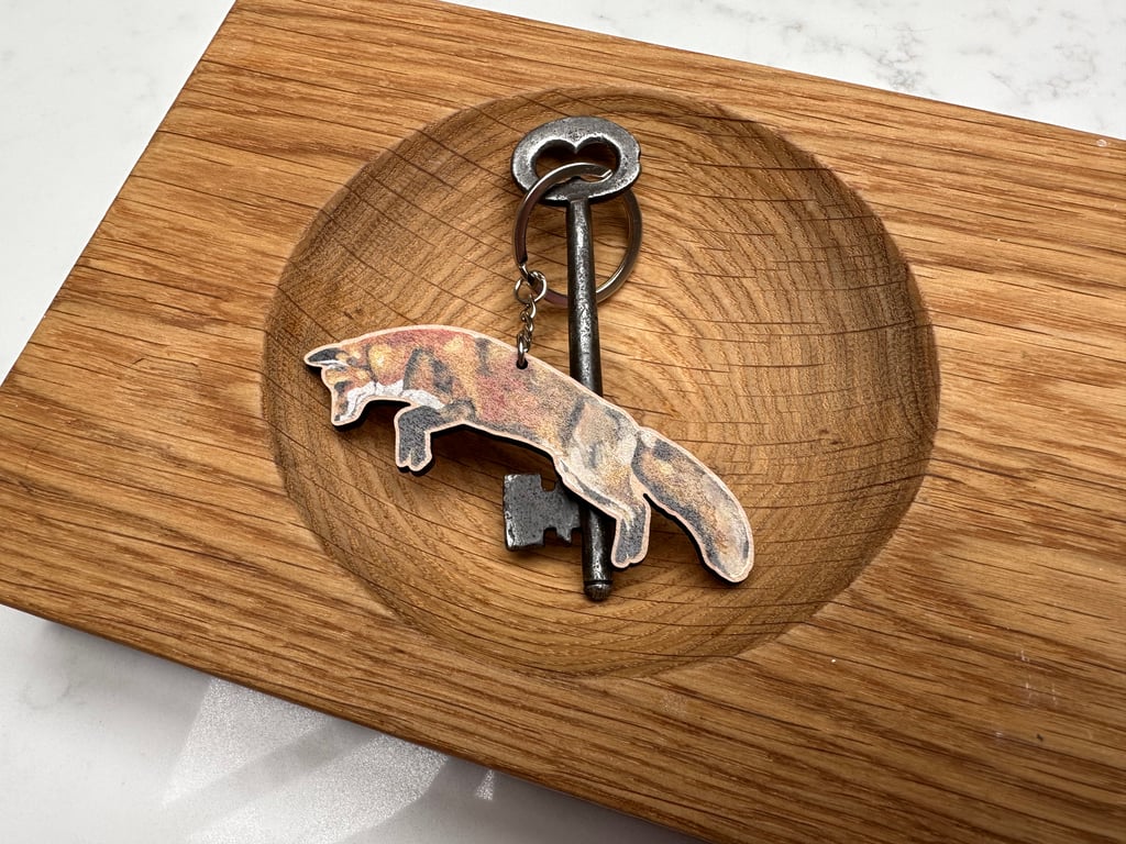 Pouncing Fox Wooden Keyring 