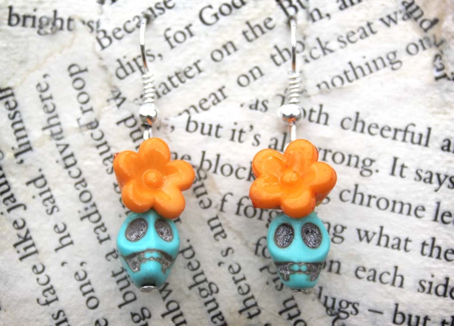 Sugar Skull Turquoise Orange Flower Hook Dangle Earrings