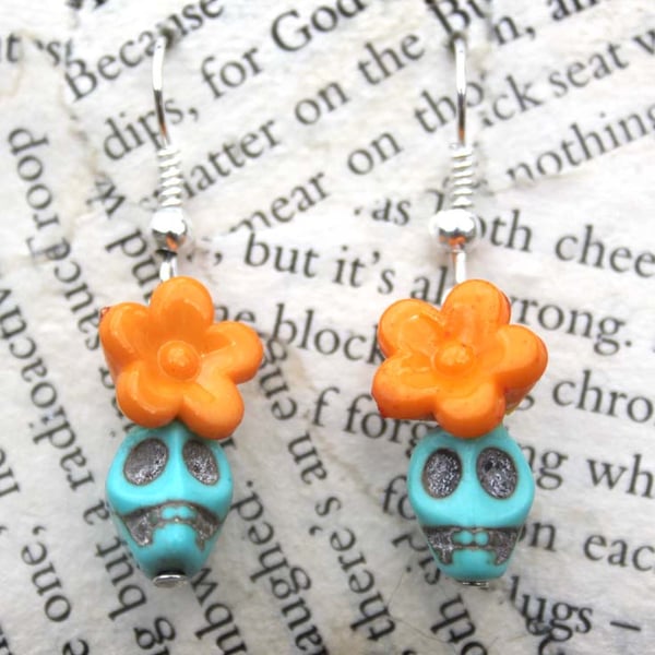 Sugar Skull Turquoise Orange Flower Hook Dangle Earrings