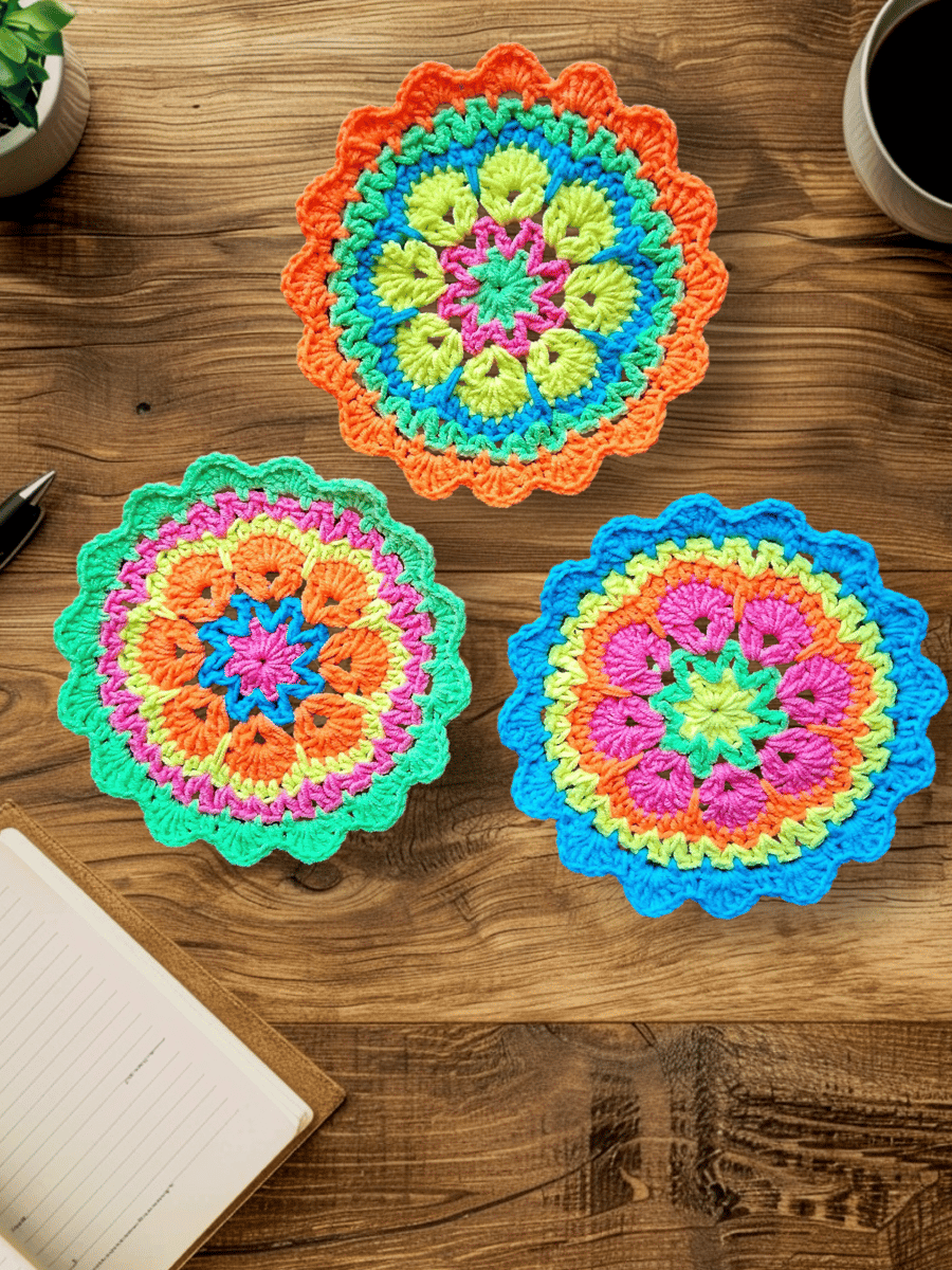 ultra bright neon crochet mandala flower coasters, doilies