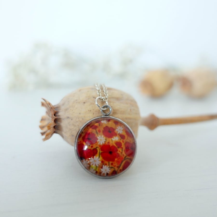 Poppy Pendant with Chain Necklace, Arty Jewellery with Red Flowers 
