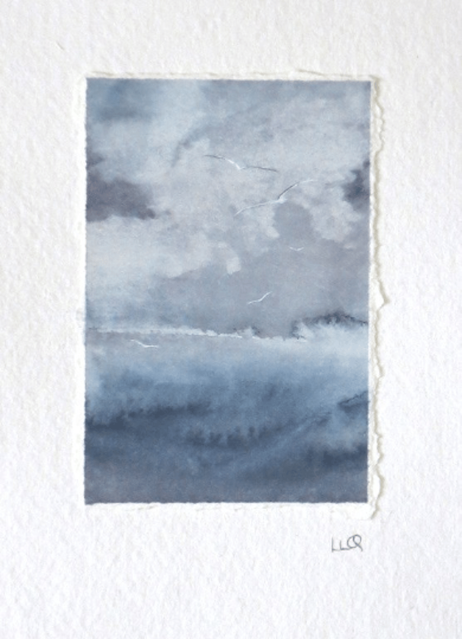 Original watercolour miniature painting of a storm building out to sea