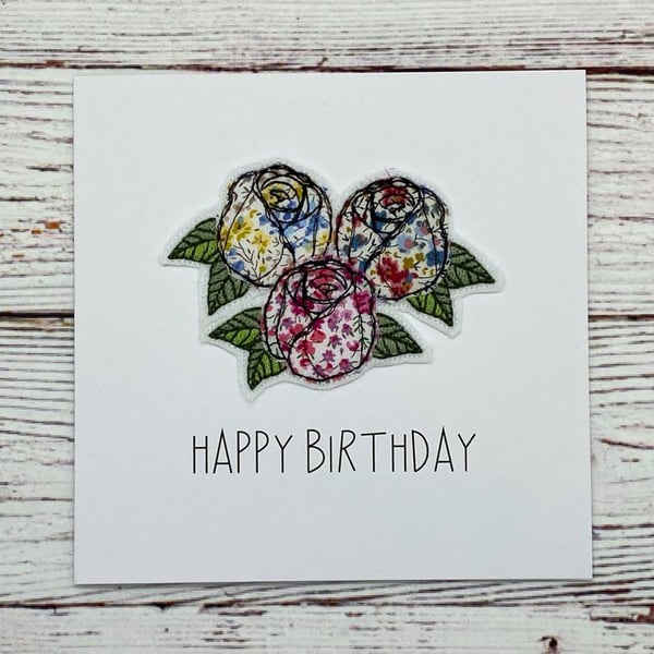 Roses Textile Card, Stitched HAPPY BIRTHDAY Card, Roses Card, Stitched Card