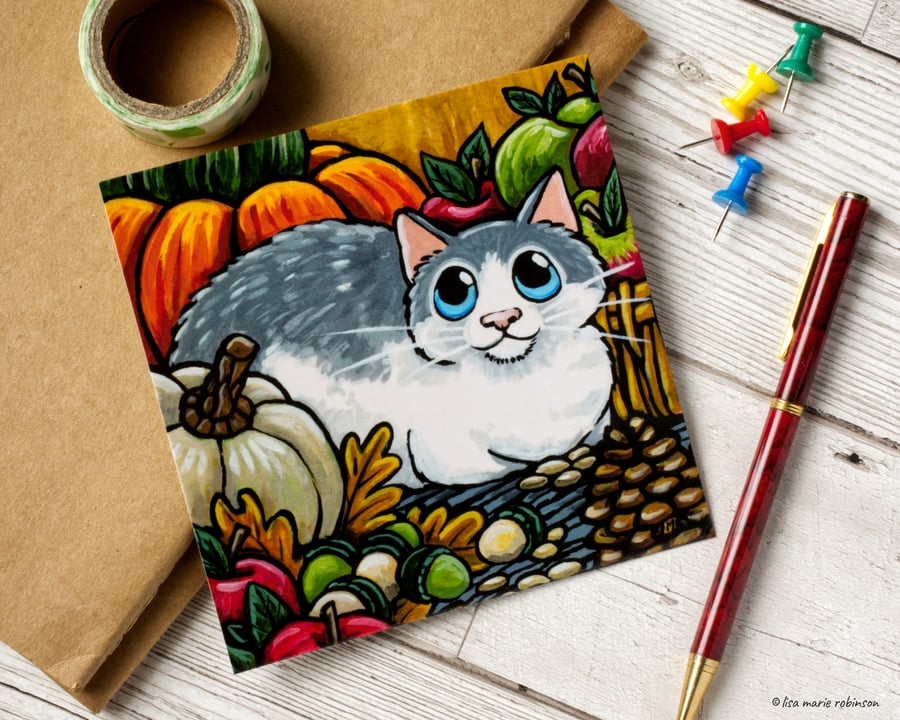 Cat and Pumpkins Postcard