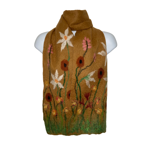 Scarf, hand felted amber merino wool scarf with flowers