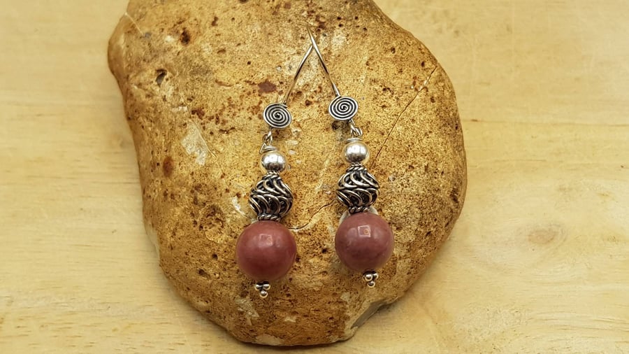 Rhodonite sphere earrings. Reiki jewelry uk. Taurus jewelry.