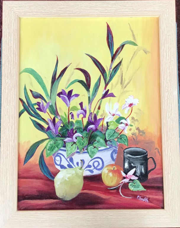Original Oil Painting, Still life, Cyclamen & Tradescantia, 14.5” x 18.5”