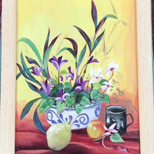 Original Oil Painting, Still life, Cyclamen & Tradescantia, 14.5” x 18.5”