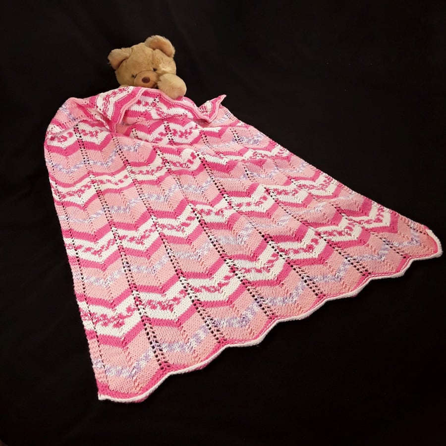 Hand knitted baby pram blanket - pink chevron - baby Afghan - pram cover