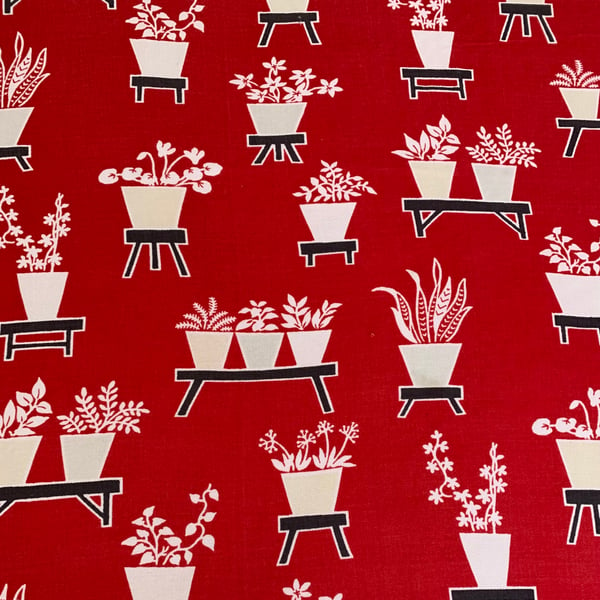 Retro Mid Century 50s 60s MCM Flowerpot Plant RED Vintage Fabric